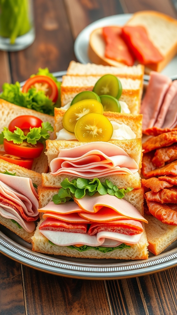 A beautifully arranged sandwich tray with assorted meats and vegetables, garnished with pickles, on a rustic table.
